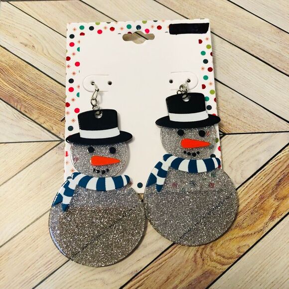 Christmas Womens Earrings Grey Snowman Glitter - Picture 1 of 3